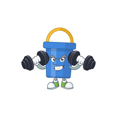 Caricature picture of blue sand bucket exercising with barbells on gym