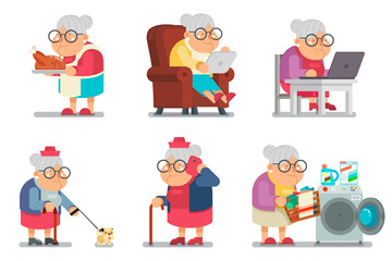 Granny character cartoon design set flat vector illustration