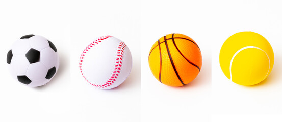 Collage of toy soccer baseball basketball tennis ball sport concept .White isolated background.