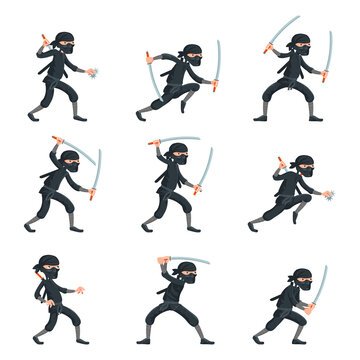 Japanese secret assassin cartoon ninja characters vector set illustration