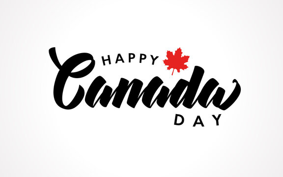Canada Day handwritten lettering logo vector isolated with realistic red maple leaf. Typography for greeting card, decoration and covering. Concept of Happy Canada Day
