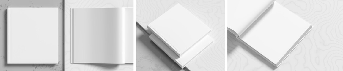 Square hardcover book or catalogue mock up on white marble background.  Hardcover book mock up  rendered with three different variations. 3D illustration.