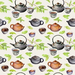 Papier Peint photo Thé Modèle sans couture de thé - feuilles vertes fraîches, pots chinois, tasses traditionnelles asiatiques. Fond répétitif aquarelle