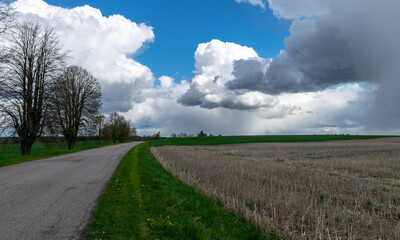 landscape from gray land field and green grass, high blue sky with cumulus and rain clouds