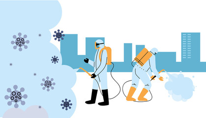 Men wearing protective suits and isolated disinfectant to avoid covid 19, disinfecting the city