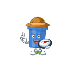 Experience explorer of blue sand bucket cartoon character style using compass