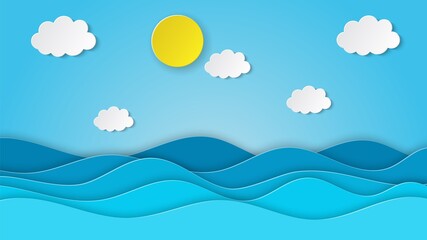 Fototapeta na wymiar Sea view on clear sky. paper cut and craft style. blue sea waves white air clouds paper art style of cover design. Vector illustration