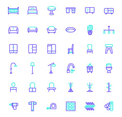 Set of interior icons line style. It contains such Icons as furniture, chair, sofa, bed, desk, window, couch, light, door, lamp and other elements.