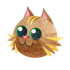 Cute crazy cat. A brown cat with big green eyes. Funny little kitten. Hand-drawn watercolor illustration on a white background. For postcards, prints, posters, children's design, pet stores, stickers.