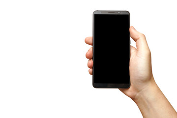スマホの操作をする男性の片手-白背景
