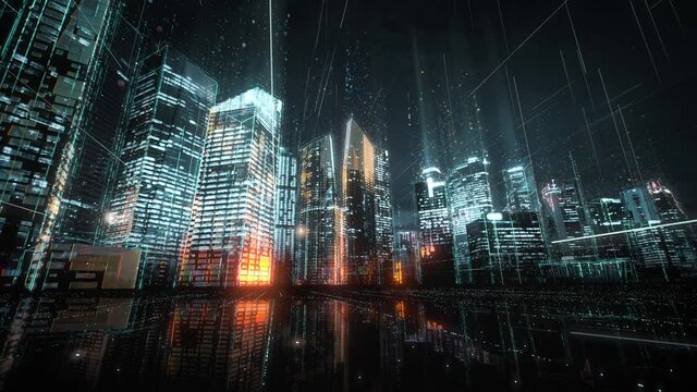 Cityscape with futuristic network connection and data communication. Technology concept. Hyperlapse