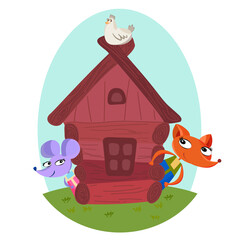 Lovely animals in the cabin. Fox, mouse and chicken in the cabin