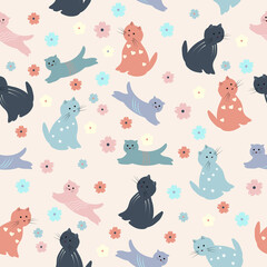 Funny seamless texture with cats and flowers. Endless animals and floral pattern. Seamless pattern can be used for wallpaper, pattern fills, web page background,surface textures.