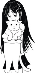 An anime girl holding a cat vector Illustration hand drawn. 