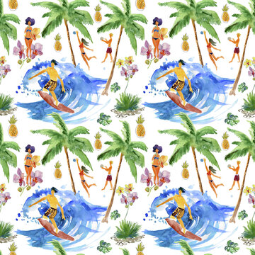 summer activities. Watercolor seamless background.