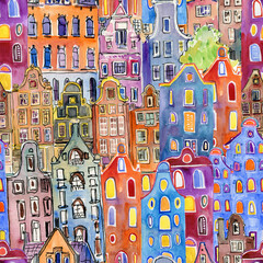 Naklejka premium Фmsterdam Рolland fairy houses. Seamless watercolor background for desing.