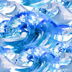 Fototapeta premium Abstract blue waves. Seamless watercolor background.