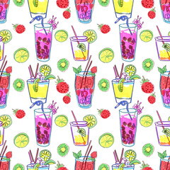 Background with bright drinks. Seamless pattern.