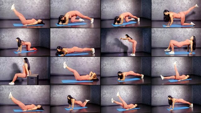 Collage, a dark-haired slender woman in a pink tracksuit is engaged in fitness on a sports Mat, doing planks, swings her legs, shakes her buttocks, a glute bridge, push-UPS from the legs and knees.