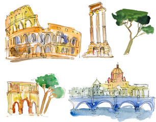 Plakat sights of Rome watercolor background. Famous landmarks together. Watercolor hand drawn painting illustration on paper with tourism