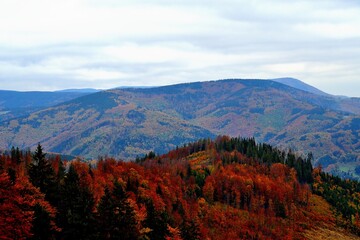 panorama of Beskydy mountains in autumn colors