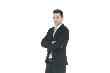Handsome and smart businessman in black suit isolated on white background. Business and Finance concept. Copy Space