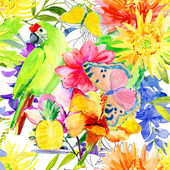 Tropical floral background for design. Watercolor illustration. Birds and flowers.