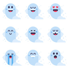 Cute ghost emoji. Halloween party ghost characters, spook mascots with various emotions isolated vector illustration icons set