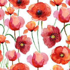 Fototapeta premium Watercolor seamless pattern with wild red poppies on white background. Surface design for interior decoration, textile printing, printed issues, invitation cards