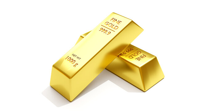 Close-up 3D animation view of fine gold bars on white background.