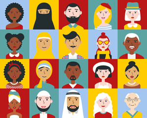 Set of flat color men and women portraits, young and senior, African, Asian, Arab ethnicity. People face avatars with different lifestyle, hairstyle, cloth, emotions vector icons. Characters for web