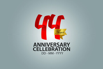 44 Year Anniversary Red Color Ribbon style with Golden Ribbon Color on Grey Background - Vector