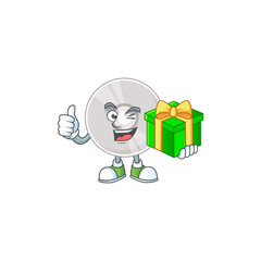 Happy smiley compact disk cartoon mascot design with a gift box