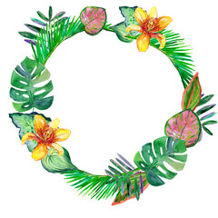 wreath with tropical leaves and flowers. Background for design. 