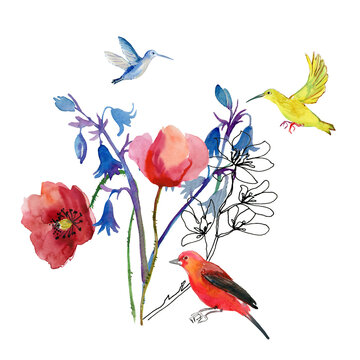 Watercolor  flowers and birds  composition. Hand drawn wallpaper design. 