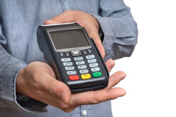 Payment terminal in hand of man isolated on white
