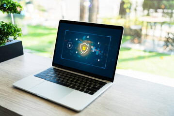 Laptop Computer with Data protection, Cyber security, information safety and encryption concept....