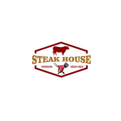 Vector illustration of restaurant logo with curved text, cow silhouette, sliced meat, fork and knife in hexagon frame isolated on white background perfect for restaurant logo template
