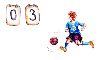 Hand-drawn watercolor illustration.Children's sport.Children play soccer.A boy soccer player in a blue uniform with a number runs for the ball.Metal signs inform about the score in the match.Isolated.