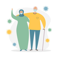 Muslim senior couple and Coronavirus cells. Elderly Islamic people and Coronavirus infection. Protect old people from Covid-19. Vector illustration on healthcare and medicine for elder generation.