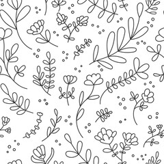 Vector seamless pattern with abstract flowers and plants. Cute doodle flowers, leaves and branches in black and white colors. Delicate background design for wallpaper, textile, print design.