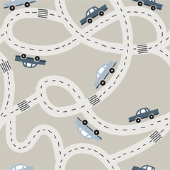Seamless pattern with cars, roads, hand drawn overlapping backdrop. Colorful background vector. Illustration with automobiles. Decorative wallpaper, good for printing - 354838314