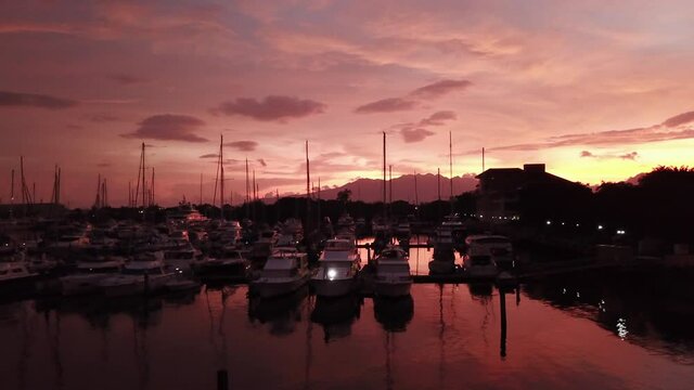 Yacht Parking Red Sky Sunset Drone Footage