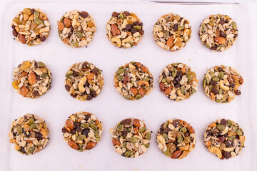 Multigrain Cookies and vegetarian ingredient with milk on blue wooden table
