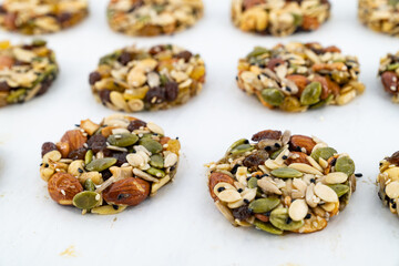 Multigrain Cookies and vegetarian ingredient with milk on blue wooden table