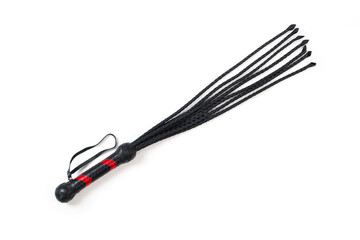 Accessories for bdsm, a lash of red-black leather on a white background. Valentine's Day. Erotic shop.