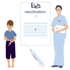 Kids vaccination, doctor with medical vaccine against virus and boy vector illustration for epidemic of coronavirus covid-19 infection, protect children.