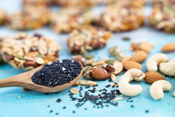 Multigrain Cookies and vegetarian ingredient with milk on blue wooden table