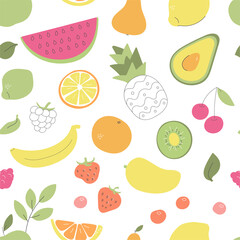 Vector seamless pattern with fruits and vegetables. Whimsical avocado, pineapple, watermelon, orange, and other fruits and berries on white. Wallpaper, print or background design.