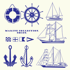 Set of isolated elements on the marine theme. Ships. Vector graphics.